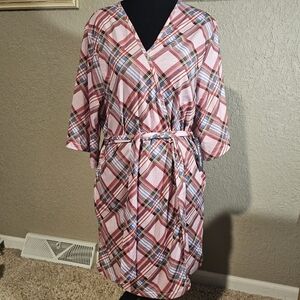 ModCloth Pink Plaid Wrap Robe Kimono Bathrobe Loungewear Full‎ Length Size L/XL
